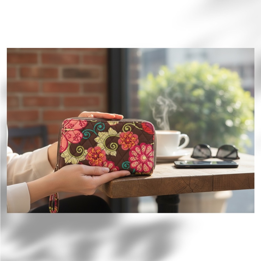 Vera Bradley Floral Pink and Brown Women's Large Zip Organizer Wallet